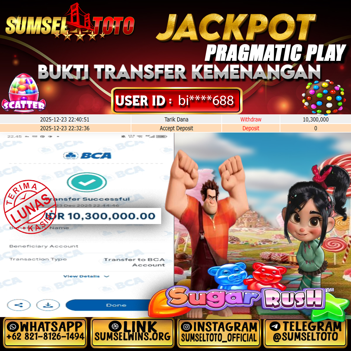 SUMSELTOTO JACKPOT SUGAR RUSH Rp.10,300,000.,- LUNAS